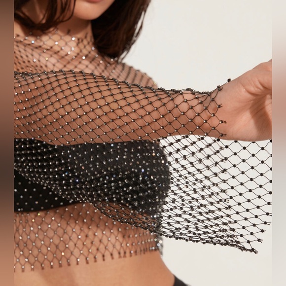 Limited-Edition Long- Bell Sleeved Rhinestone Mesh Crop Top NWT - Picture 5 of 8